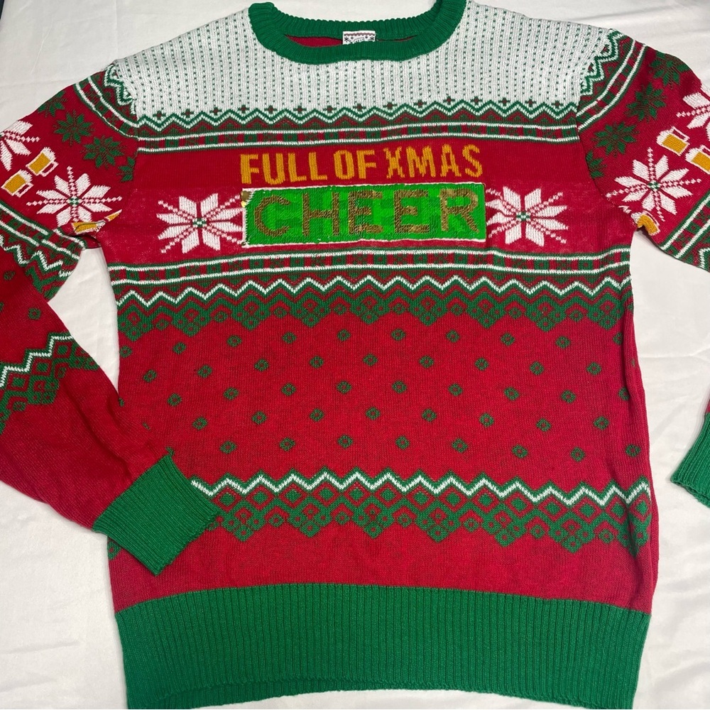 Full of X-mas Cheer/Beer Red Green Mens Sweater. Size Large. Preowned. Christmas